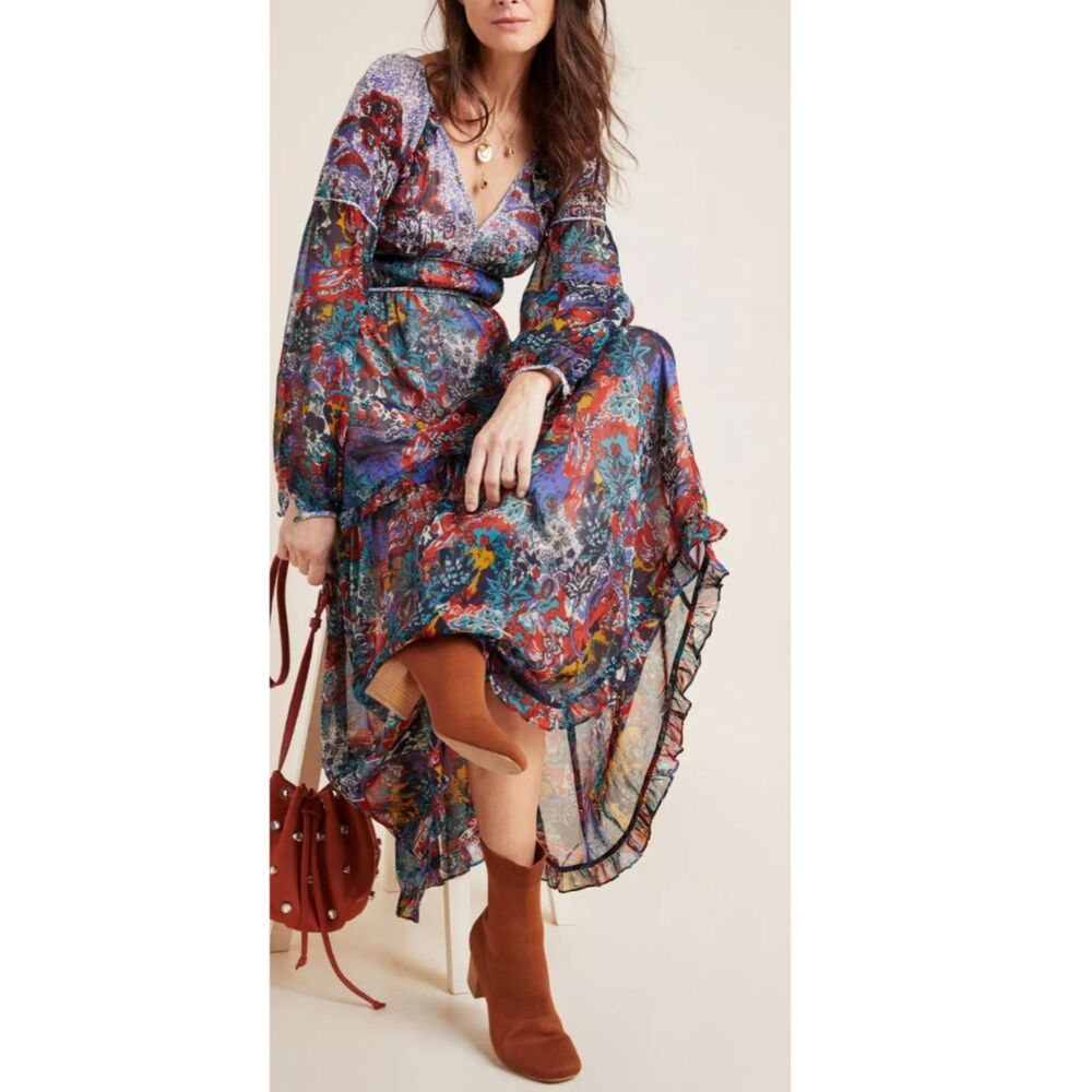 Maeve Anthropologie Boho Floral Tiered Maxi Dress Multicolor US 6